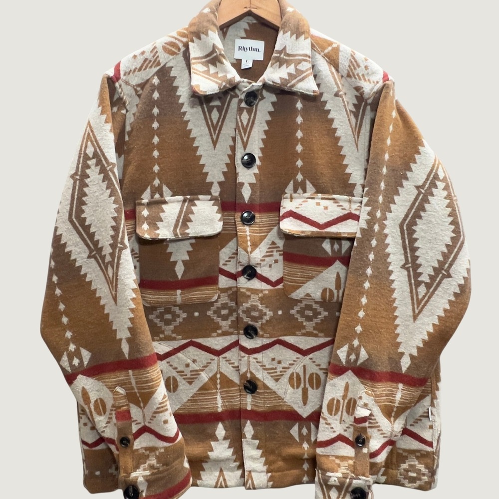 Rhythm Mens Southwestern Geometric Woven Shirt Jacket Brown Rust Cream XL